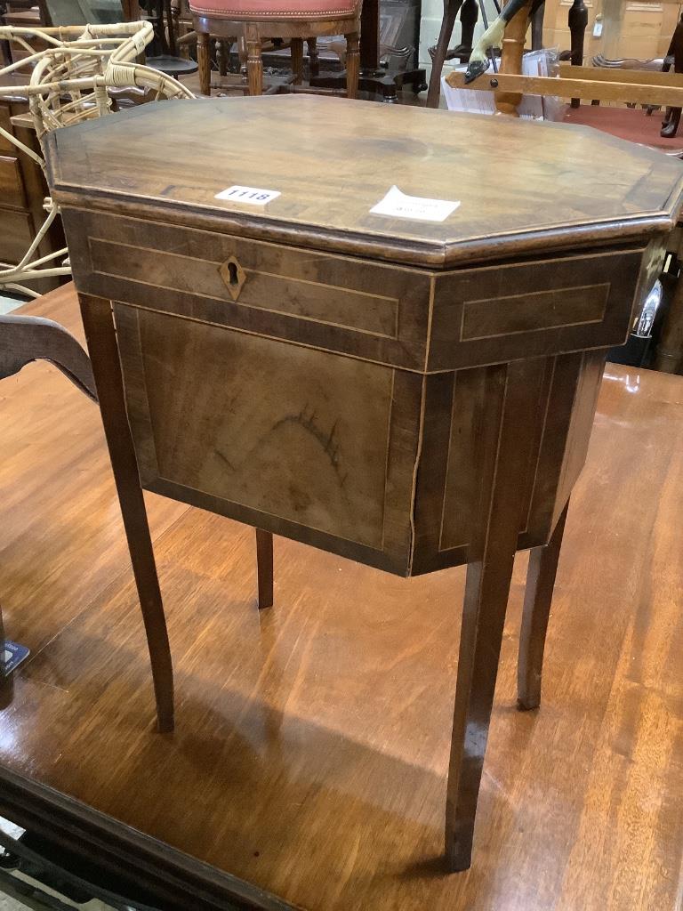 A George III octagonal mahogany work table, width 43cm, depth 31cm, height 58cm